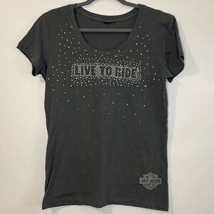 Harley Davidson "Live To Ride" jeweled crystals Gray Short Sleeve T-Shirt Medium